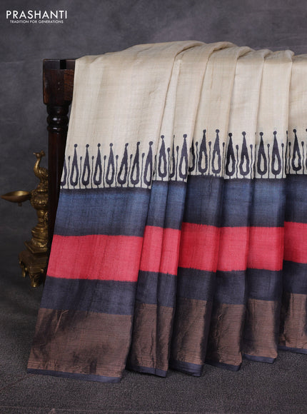 Off White & Red Grey Pure Tussar Printed Silk Saree