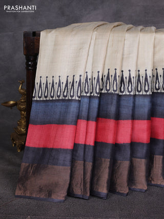 Off White & Red Grey Pure Tussar Printed Silk Saree
