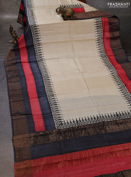 Off White & Red Grey Pure Tussar Printed Silk Saree