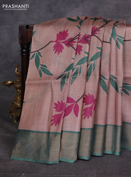 Beige & Green Pure Tussar Printed Silk Saree