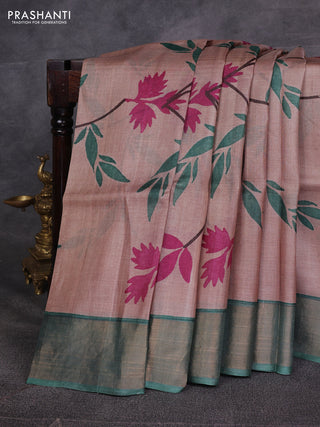 Beige & Green Pure Tussar Printed Silk Saree