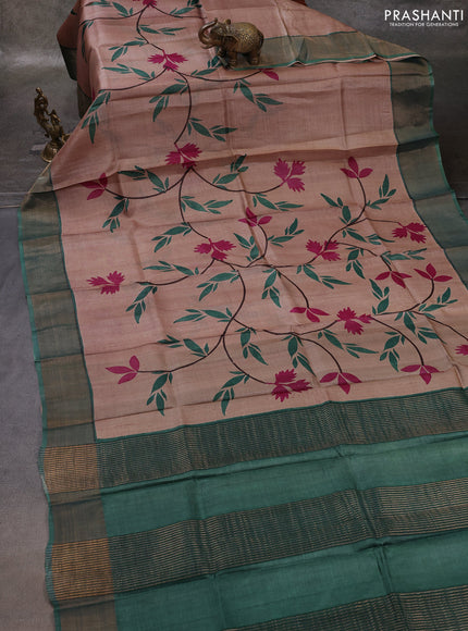 Beige & Green Pure Tussar Printed Silk Saree