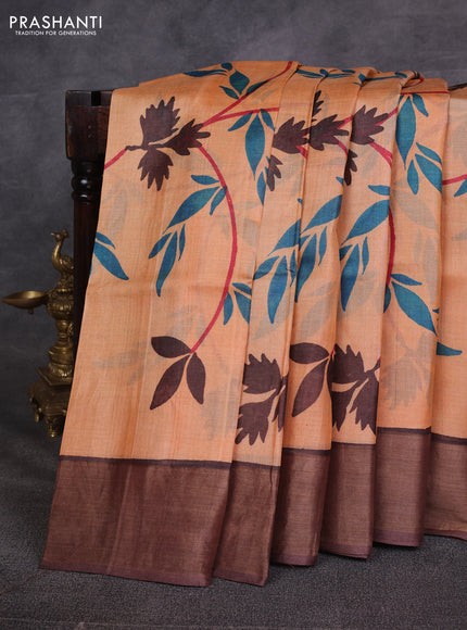 Peach  & Brown Pure Tussar Printed Silk Saree