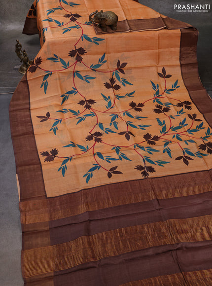 Peach  & Brown Pure Tussar Printed Silk Saree