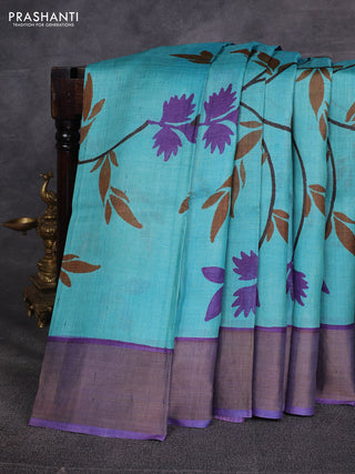 Teal Blue & Lavender Pure Tussar Printed Silk Saree