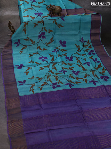Teal Blue & Lavender Pure Tussar Printed Silk Saree