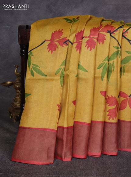 Mustard Yellow & Red   Pure Tussar Printed Silk Saree