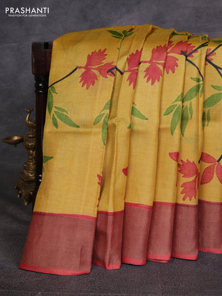 Mustard Yellow & Red   Pure Tussar Printed Silk Saree
