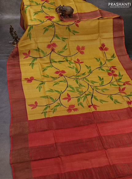 Mustard Yellow & Red   Pure Tussar Printed Silk Saree