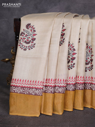 Off White & Yellow Pure Tussar Printed Silk Saree