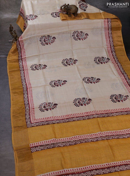 Off White & Yellow Pure Tussar Printed Silk Saree
