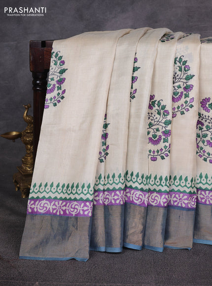 Off White & Grey Pure Tussar Printed Silk Saree