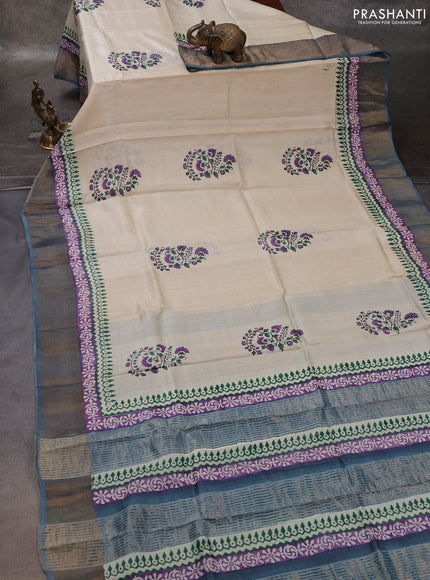 Off White & Grey Pure Tussar Printed Silk Saree