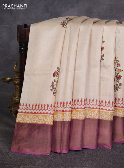Off White & Wine Pure Tussar Printed Silk Saree