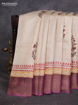 Off White & Wine Pure Tussar Printed Silk Saree