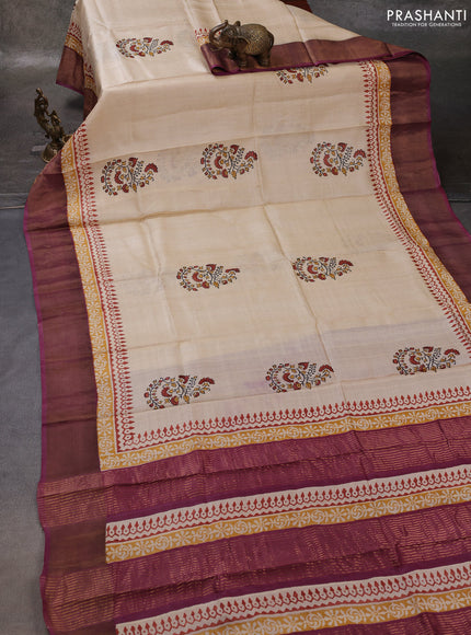 Off White & Wine Pure Tussar Printed Silk Saree
