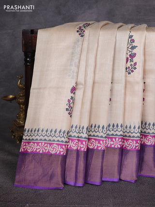 Off White & Lavender Pure Tussar Printed Silk Saree
