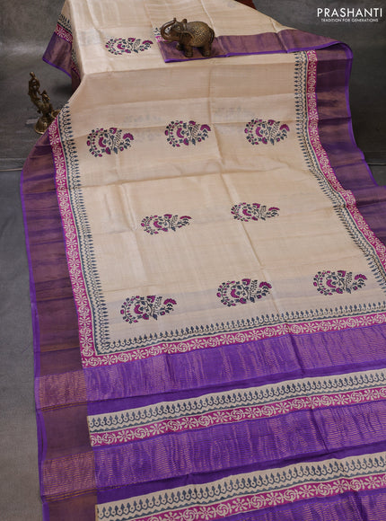 Off White & Lavender Pure Tussar Printed Silk Saree