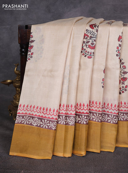 Off White & Mustard Yellow Pure Tussar Printed Silk Saree