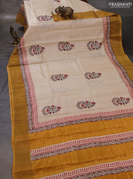 Off White & Mustard Yellow Pure Tussar Printed Silk Saree