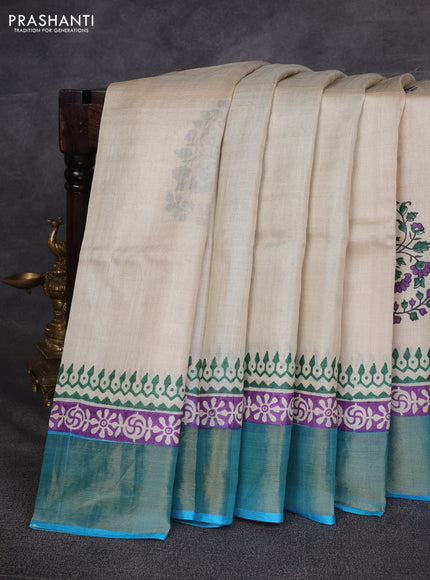 Off White & Cs Blue Pure Tussar Printed Silk Saree