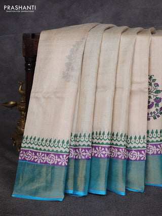 Off White & Cs Blue Pure Tussar Printed Silk Saree