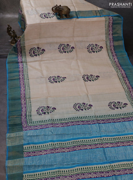 Off White & Cs Blue Pure Tussar Printed Silk Saree