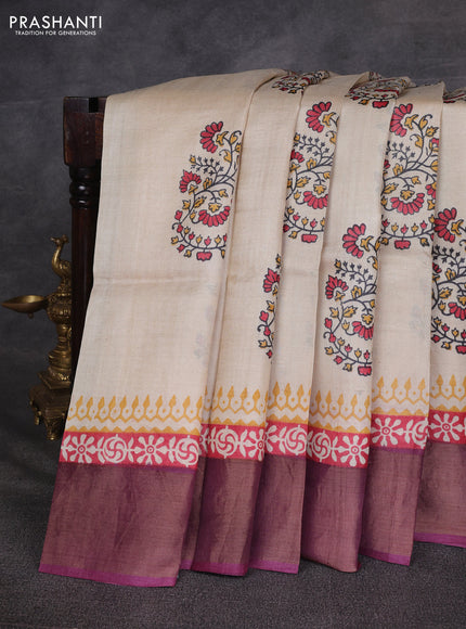 Off White & Wine Pure Tussar Printed Silk Saree