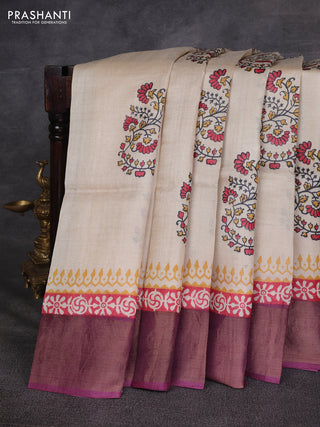 Off White & Wine Pure Tussar Printed Silk Saree