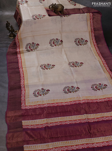 Off White & Wine Pure Tussar Printed Silk Saree