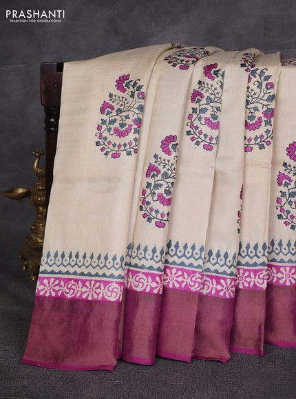 Off White & Magenta Pink Pure Tussar Printed Silk Saree