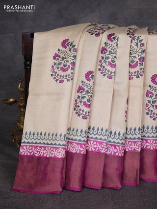 Off White & Magenta Pink Pure Tussar Printed Silk Saree