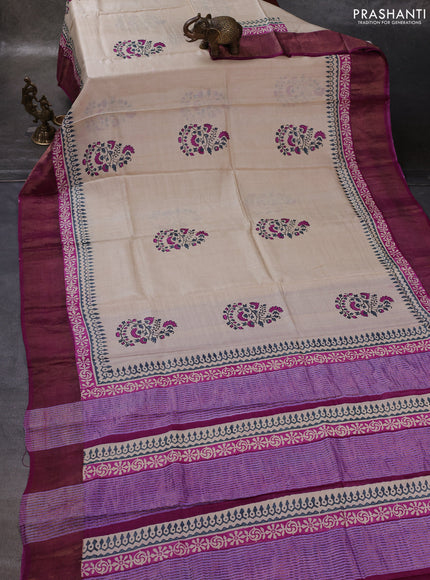 Off White & Magenta Pink Pure Tussar Printed Silk Saree