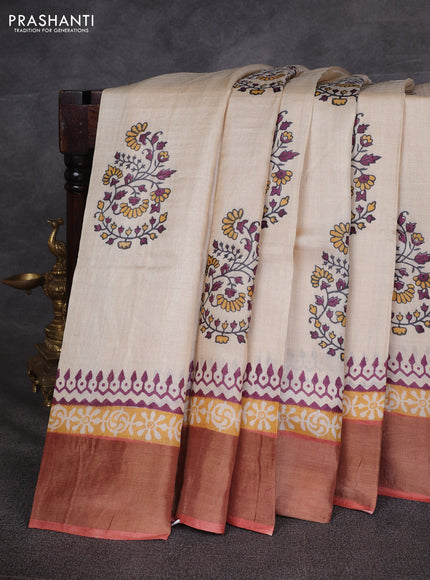 Off White & Rust Pure Tussar Printed Silk Saree