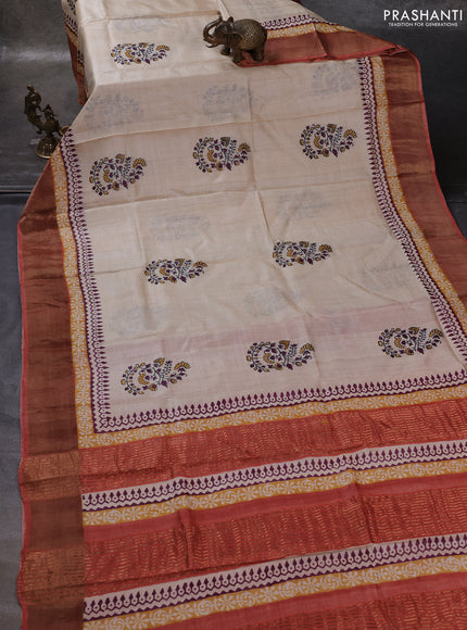 Off White & Rust Pure Tussar Printed Silk Saree