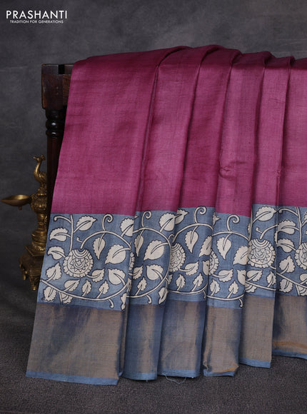 Wine & Grey Pure Tussar Printed Silk Saree