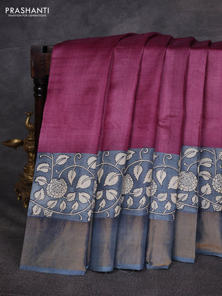 Wine & Grey Pure Tussar Printed Silk Saree