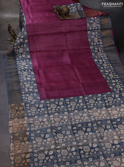 Wine & Grey Pure Tussar Printed Silk Saree
