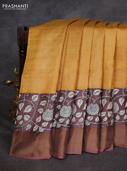 Mustard Yellow & Brown Pure Tussar Printed Silk Saree