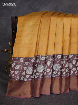 Mustard Yellow & Brown Pure Tussar Printed Silk Saree