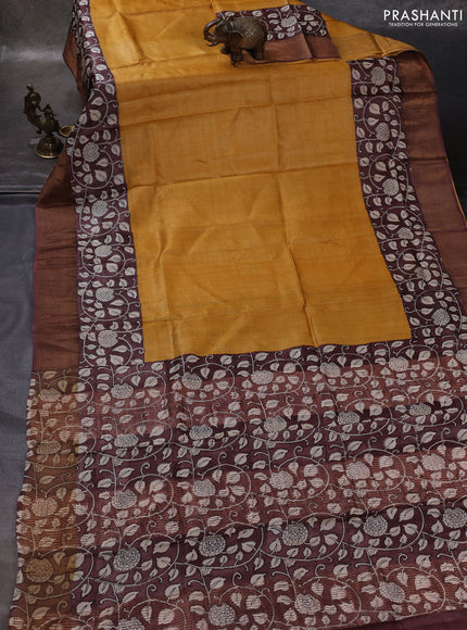 Mustard Yellow & Brown Pure Tussar Printed Silk Saree