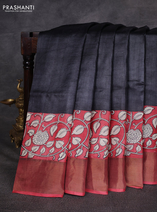 Black & Red Pure Tussar Printed Silk Saree