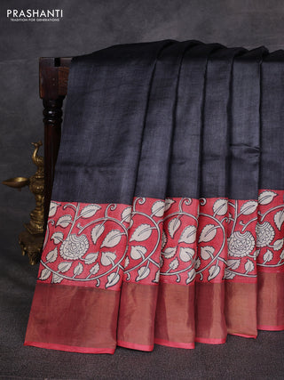 Black & Red Pure Tussar Printed Silk Saree