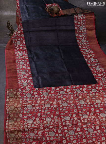 Black & Red Pure Tussar Printed Silk Saree