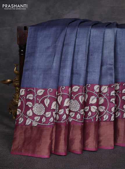 Grey & Wine Pure Tussar Printed Silk Saree