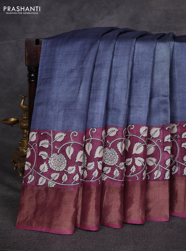 Grey & Wine Pure Tussar Printed Silk Saree