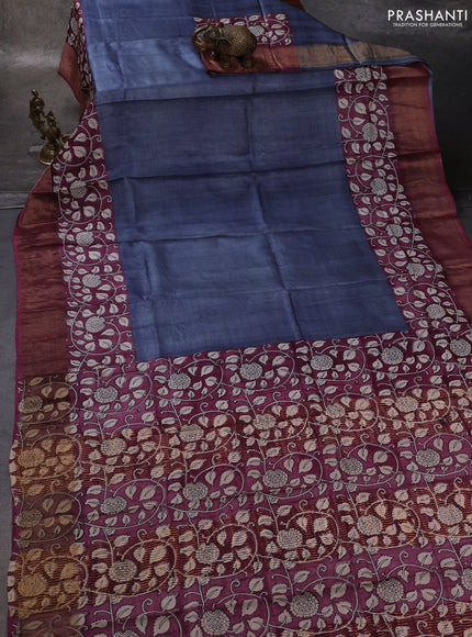 Grey & Wine Pure Tussar Printed Silk Saree