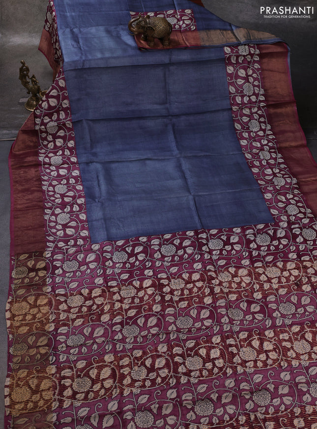 Grey & Wine Pure Tussar Printed Silk Saree