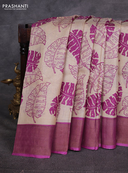 Beige & Pink Pure Tussar Printed Silk Saree