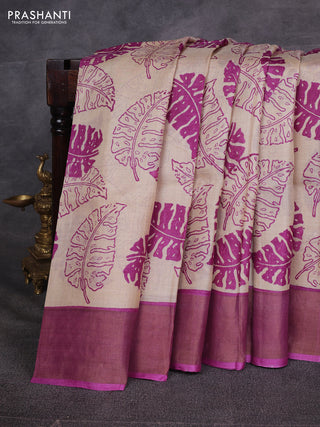 Beige & Pink Pure Tussar Printed Silk Saree